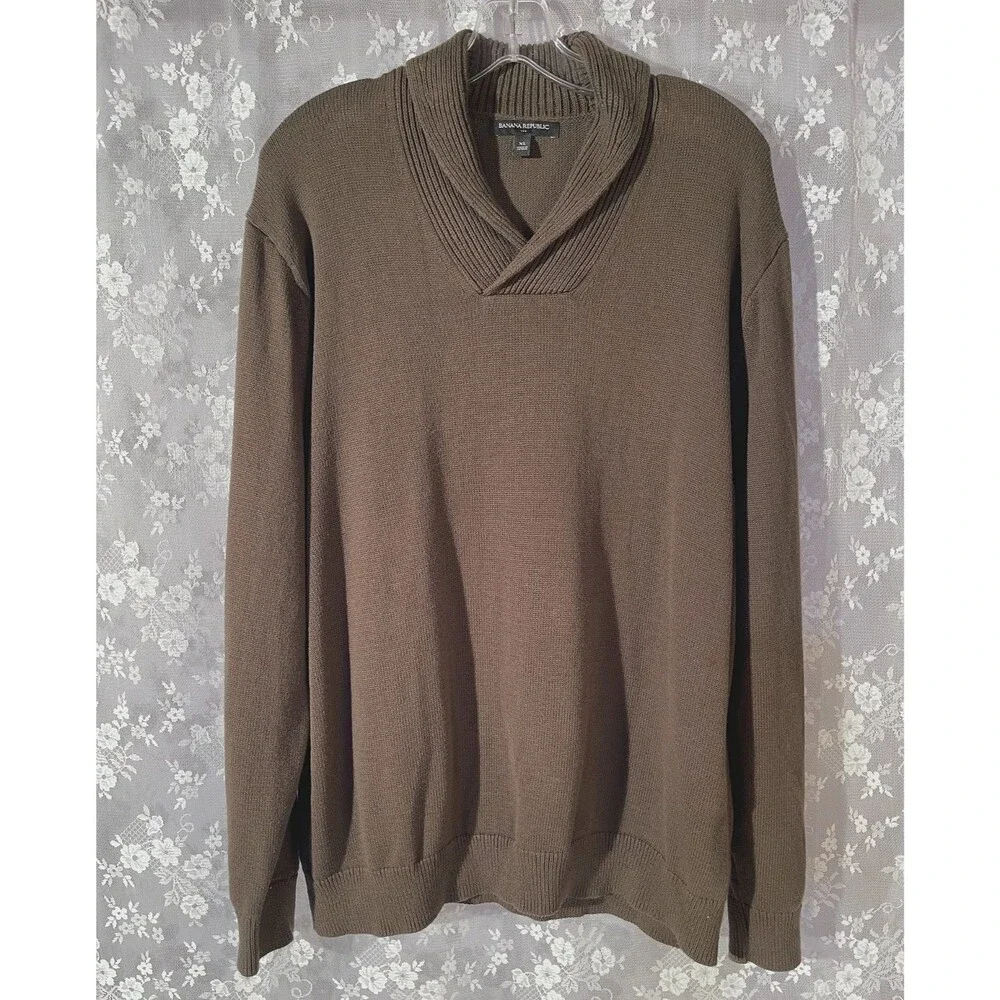 Banana Republic Factory Mens XL Brown Cotton Shawl Collar Sweater Pullover
